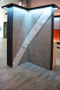 Fossil Grey Bolder Stone Panel installed in our main showroom