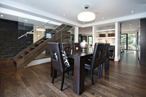 Livingstone Dining Room completed, jet black slate ledgestone on the wall, wooden white marble tile above the counter