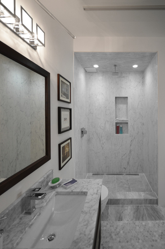Bianco Carrara Bolder Panel Installed in a shower